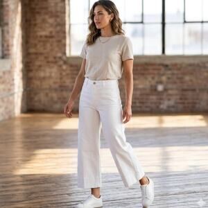 H&M White Denim Wide Leg High Rise Cropped Jeans Pants 10 Cotton Preppy Boho